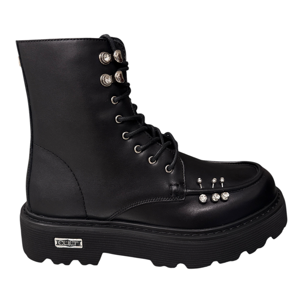 Anfibio donna NEED Cult in pelle nera con lacci, suola platform carrarmato e dettagli gioiello con cristalli