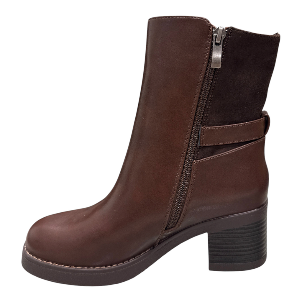 Stivaletto donna NEED in pelle marrone con cerniera laterale, inserto in camoscio e tacco largo