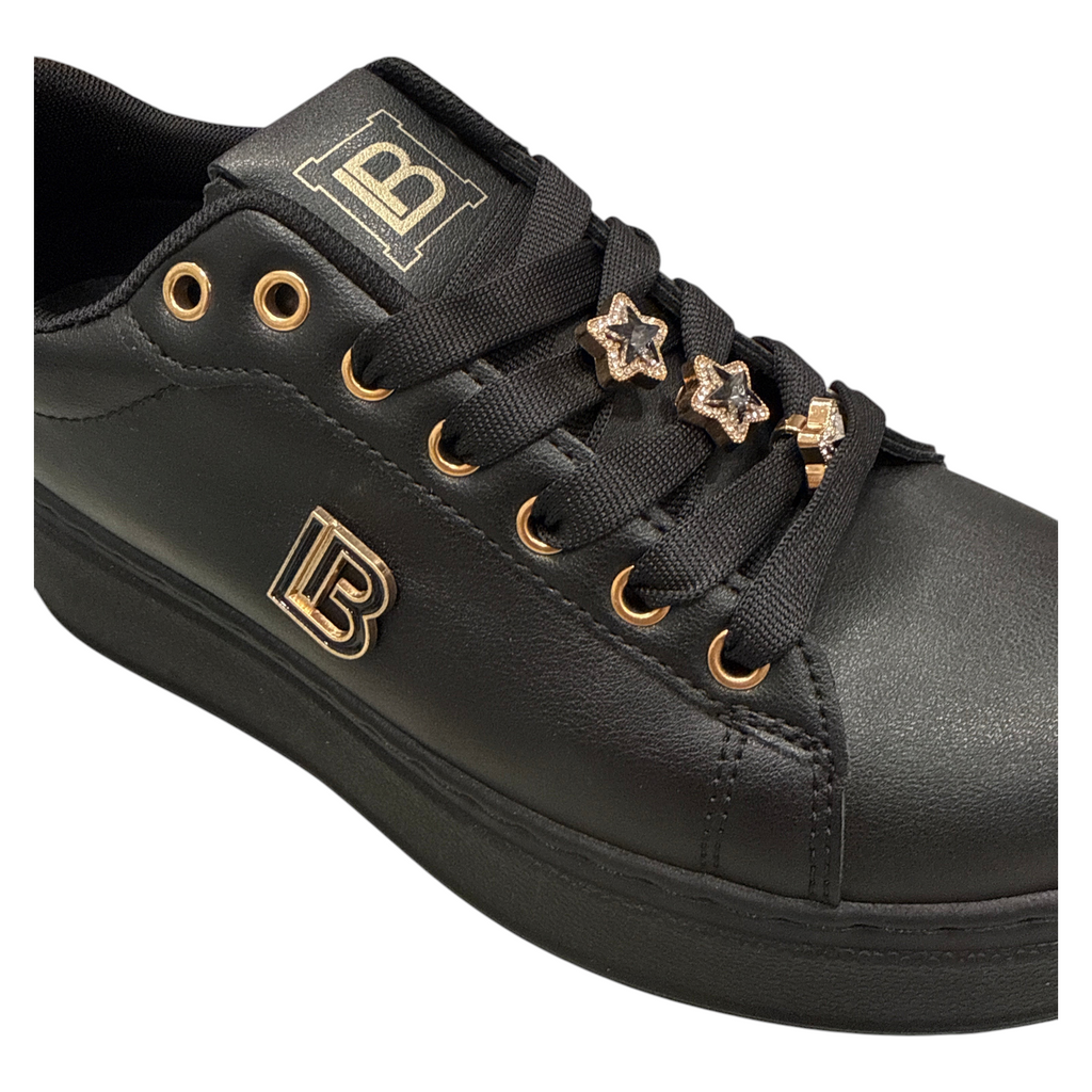 Sneakers donna NEED Laura Biagiotti nere con lacci decorati da stelle gioiello e logo dorato