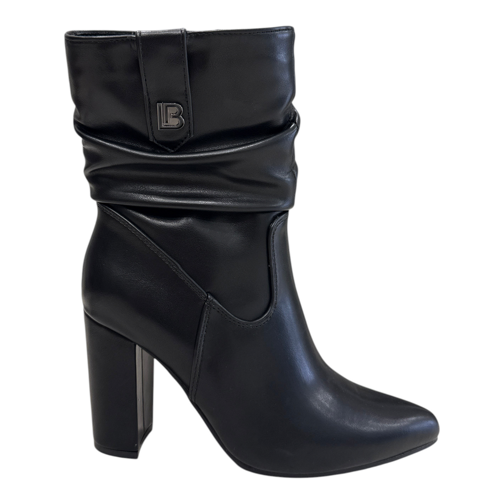 Stivaletti donna NEED Laura Biagiotti neri in ecopelle con tacco alto e dettaglio logo metallico arricciato
