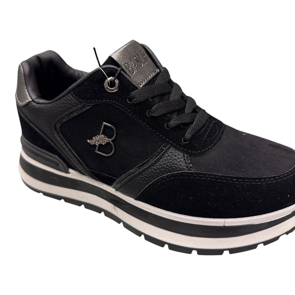 Sneakers donna NEED Basile nere in camoscio e pelle con suola platform e logo metallico laterale