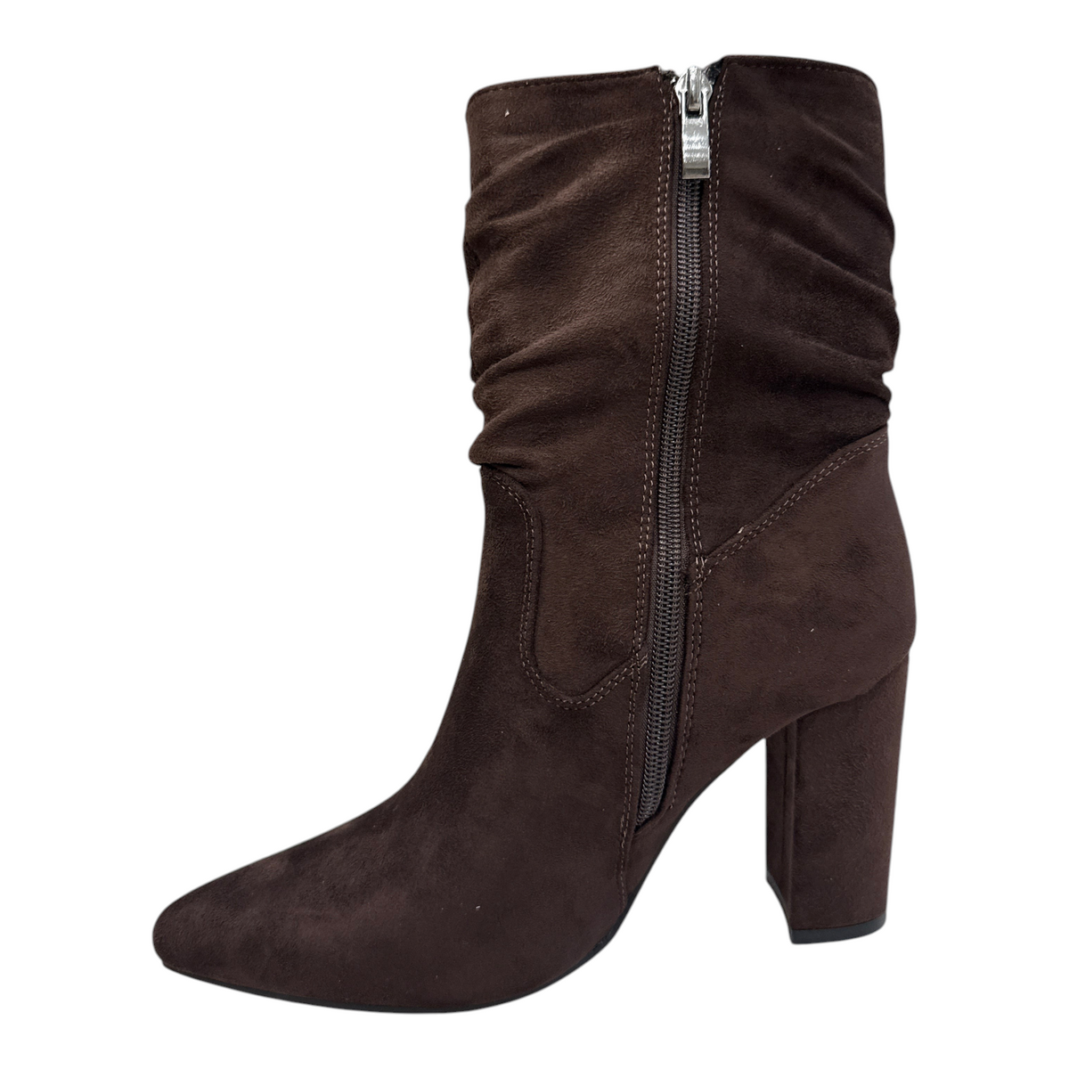 Stivaletti donna Laura Biagiotti in camoscio marrone con tacco alto, gambale arricciato e chiusura laterale con zip