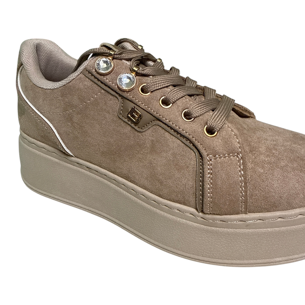 Sneakers donna NEED in camoscio color tortora con suola platform, dettagli gioiello e logo laterale