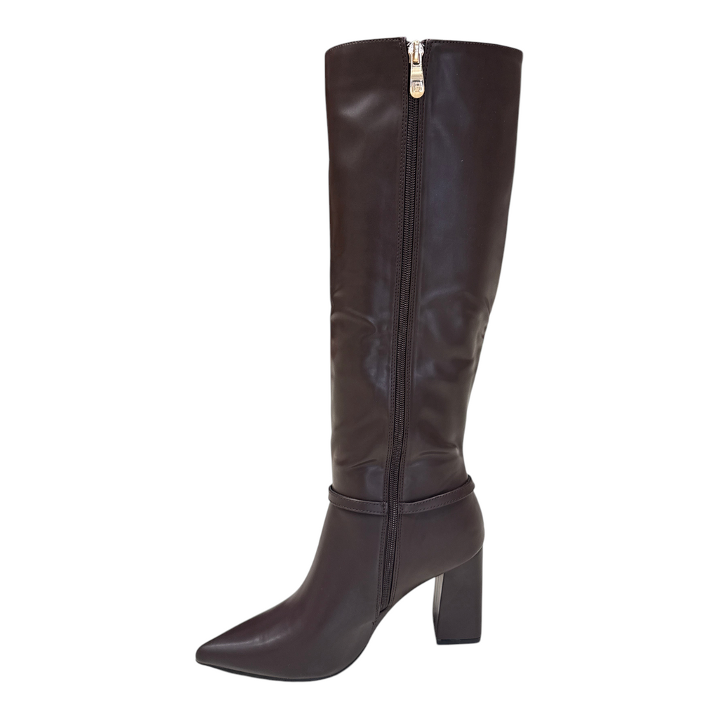 Stivale alto Laura Biagiotti da donna in ecopelle marrone con tacco largo e chiusura a zip laterale