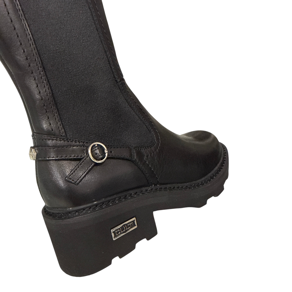 Stivale donna NEED Cult nero in pelle con inserti elastici, fibbia laterale e suola carrarmato con logo metallico
