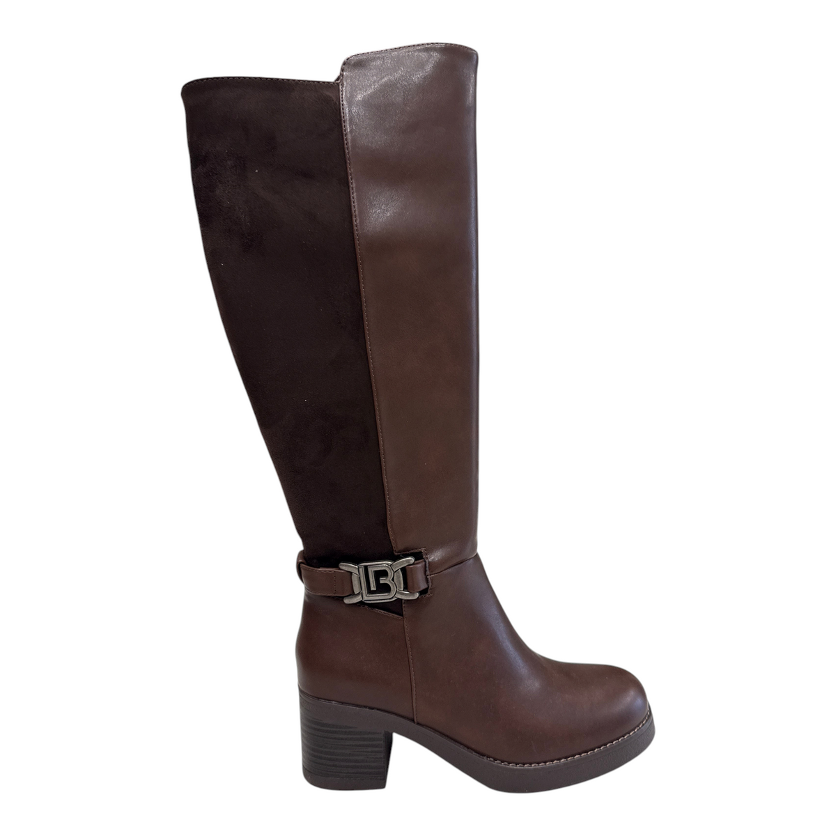 Stivale alto da donna Laura Biagiotti in ecopelle marrone con inserti in camoscio e fibbia decorativa con logo