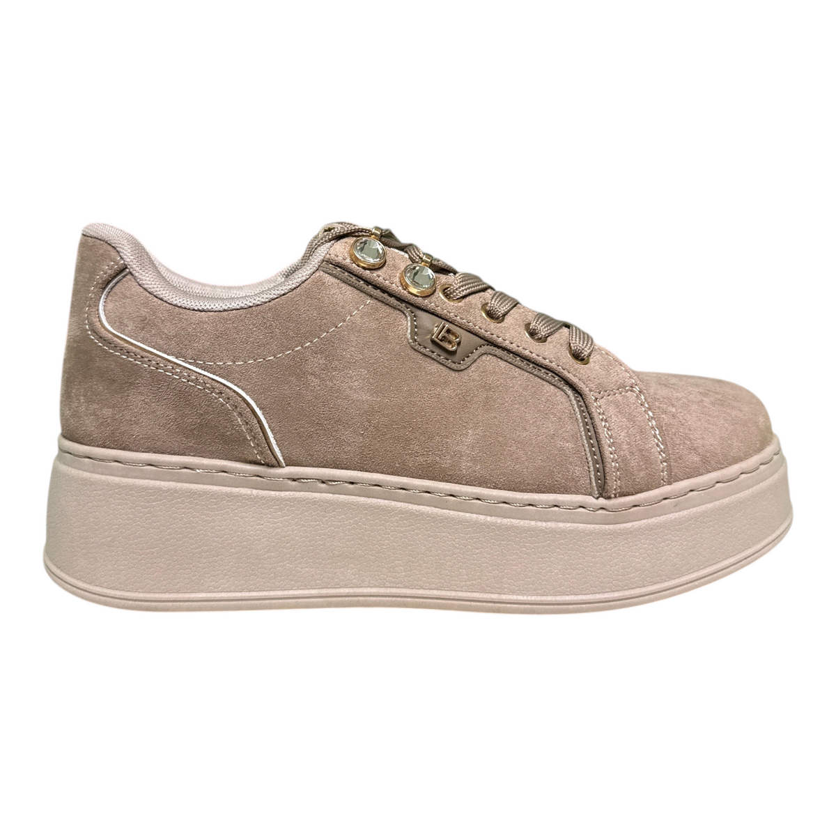 Sneakers da donna Laura Biagiotti in camoscio color tortora con suola platform rialzata e dettagli metallizzati