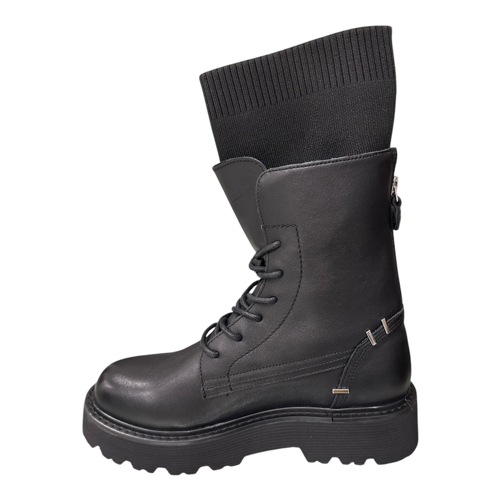Stivaletto stringato Cult da donna in pelle nera con gambale in maglia a coste e suola carrarmato