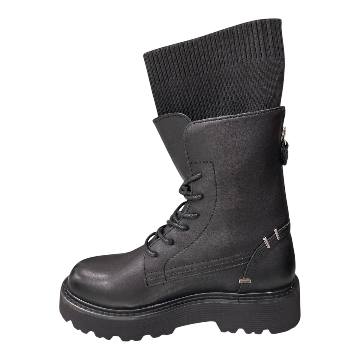 Stivaletto stringato Cult da donna in pelle nera con gambale in maglia a coste e suola carrarmato