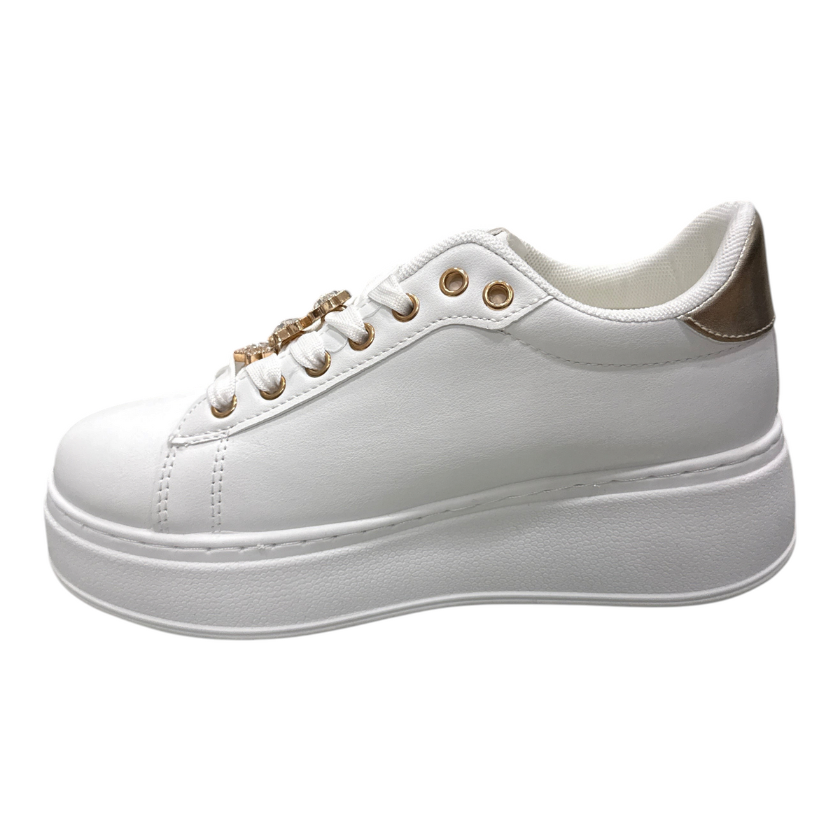 Sneakers donna NEED bianche con suola platform, dettagli dorati e chiusura con lacci