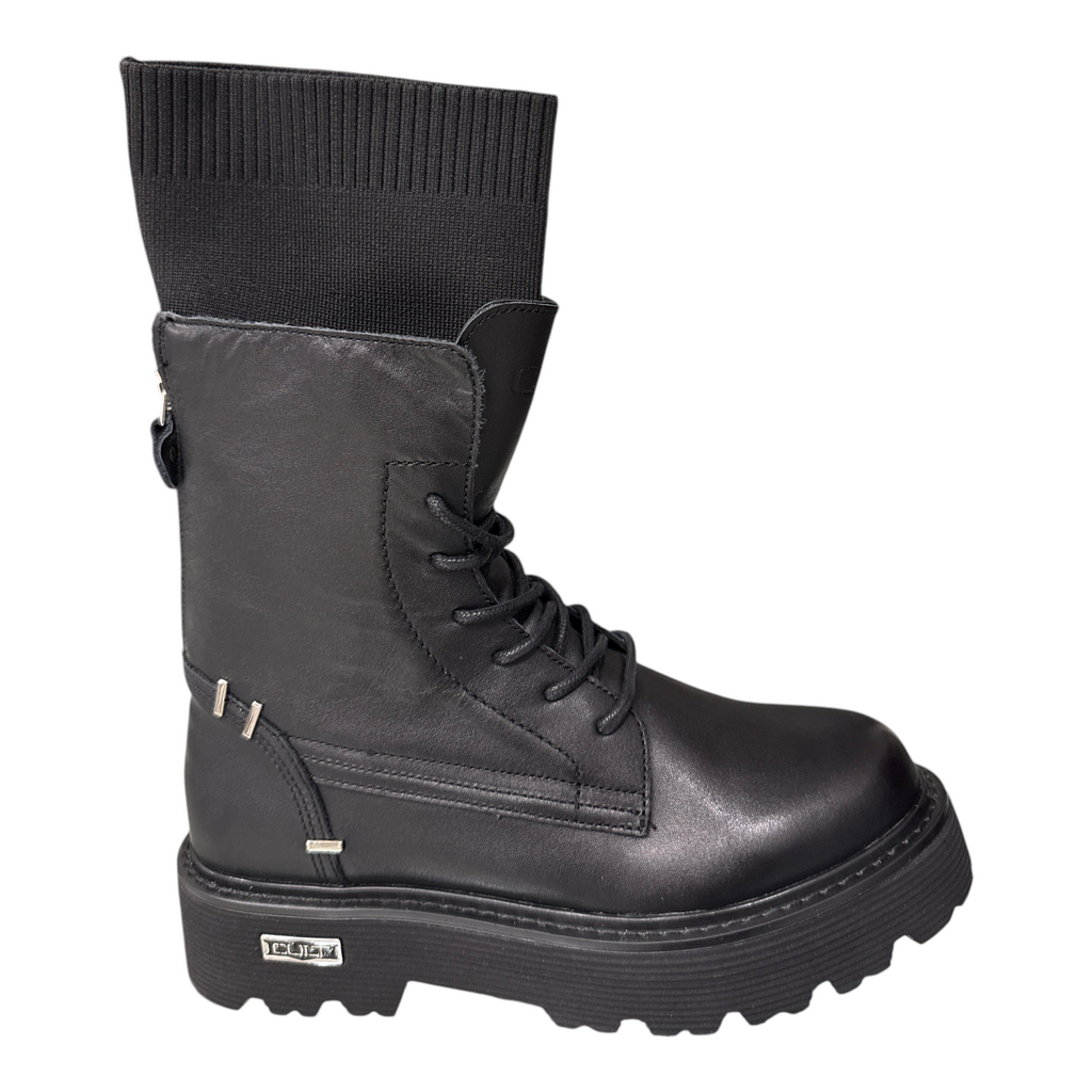 Stivale donna NEED Cult nero in pelle con gambale in tessuto a coste e suola platform carrarmato