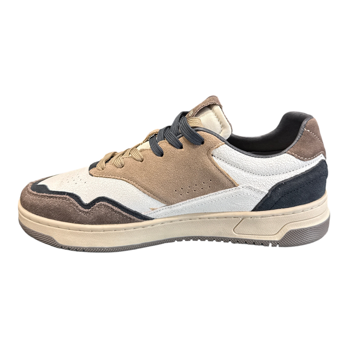 Sneaker Victoria da uomo in pelle e camoscio color blu marino, bianco e beige con lacci e suola in gomma