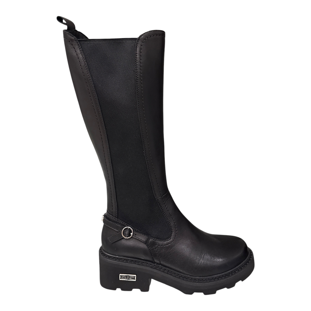 Stivale alto da donna NEED in pelle nera con inserti elastici, fibbia laterale e suola carrarmato