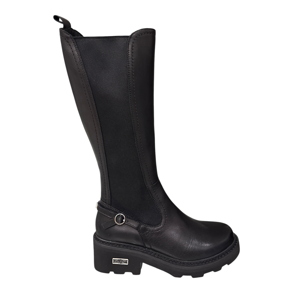 Stivale alto da donna NEED in pelle nera con inserti elastici, fibbia laterale e suola carrarmato
