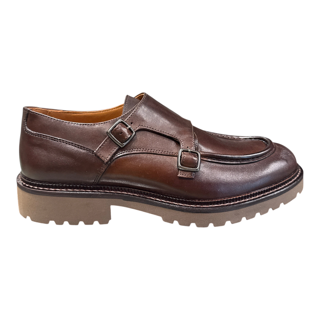Scarpe Exton uomo 687A26 in pelle marrone con doppia fibbia e suola carrarmato in gomma