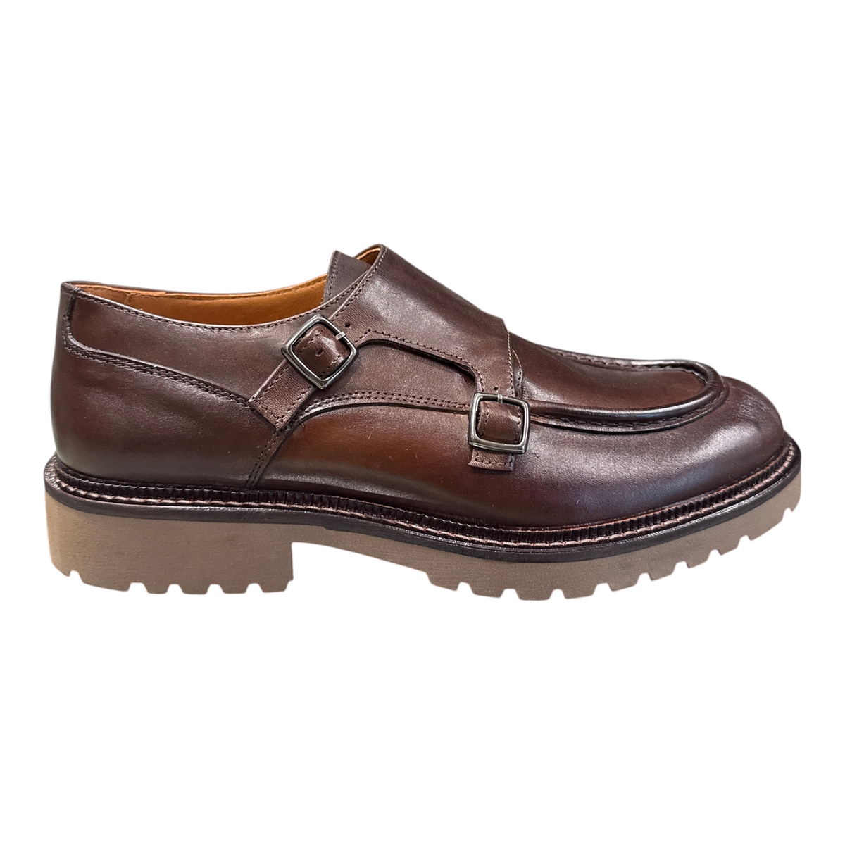 Scarpe Exton uomo 687A26 in pelle marrone con doppia fibbia e suola carrarmato in gomma