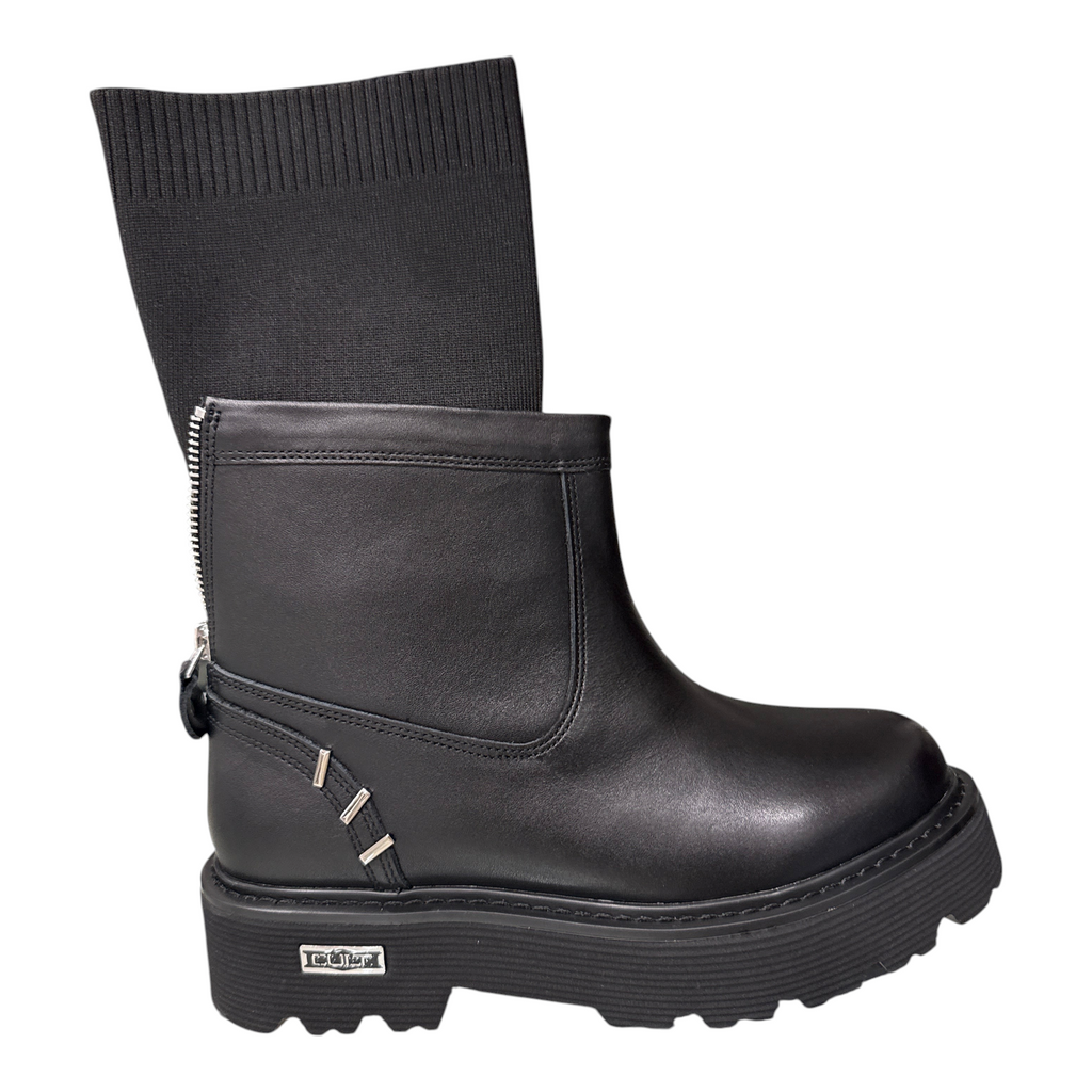 Stivaletto NEED Cult nero in pelle con gambale in tessuto elasticizzato e suola platform carrarmato