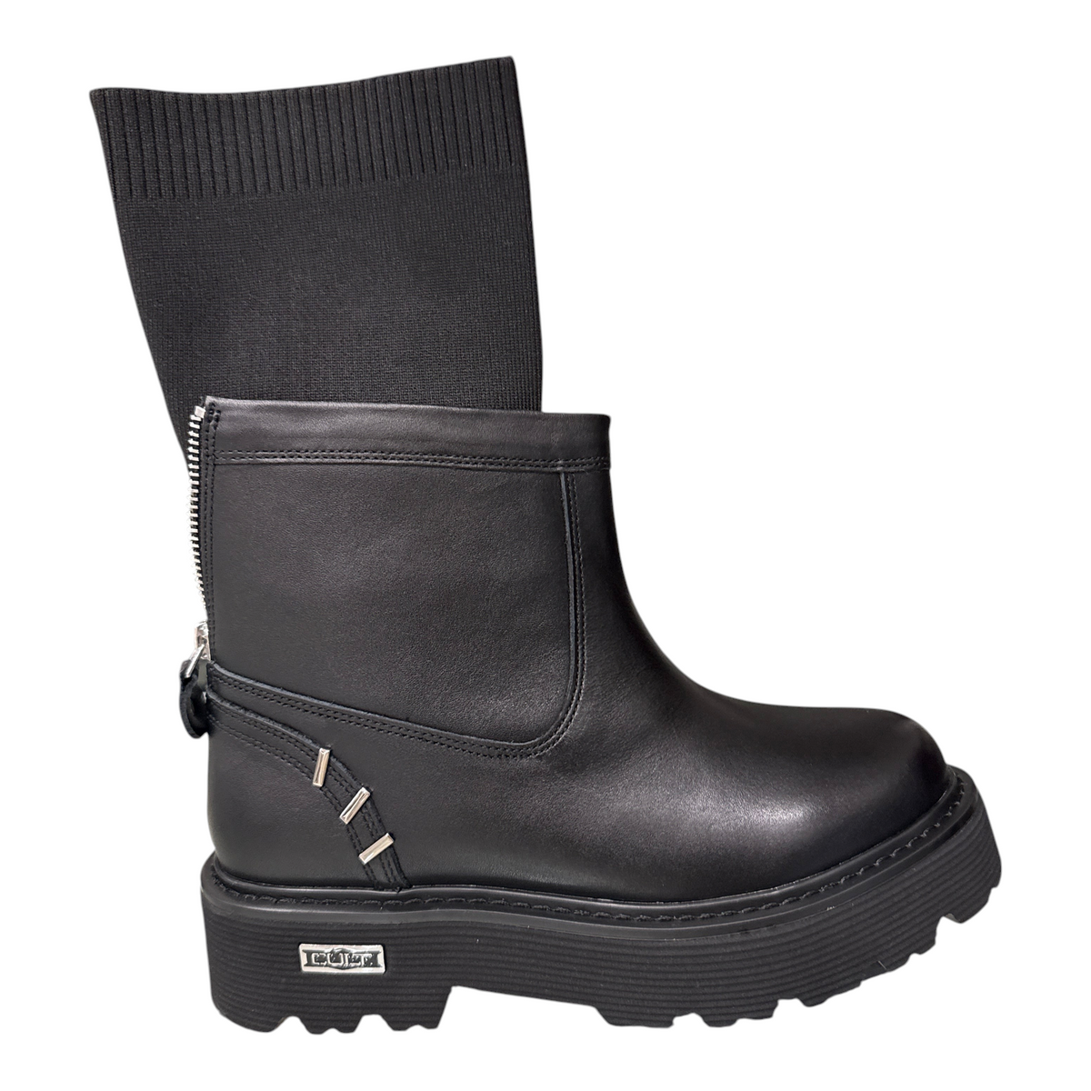 Stivaletto NEED Cult nero in pelle con gambale in tessuto elasticizzato e suola platform carrarmato