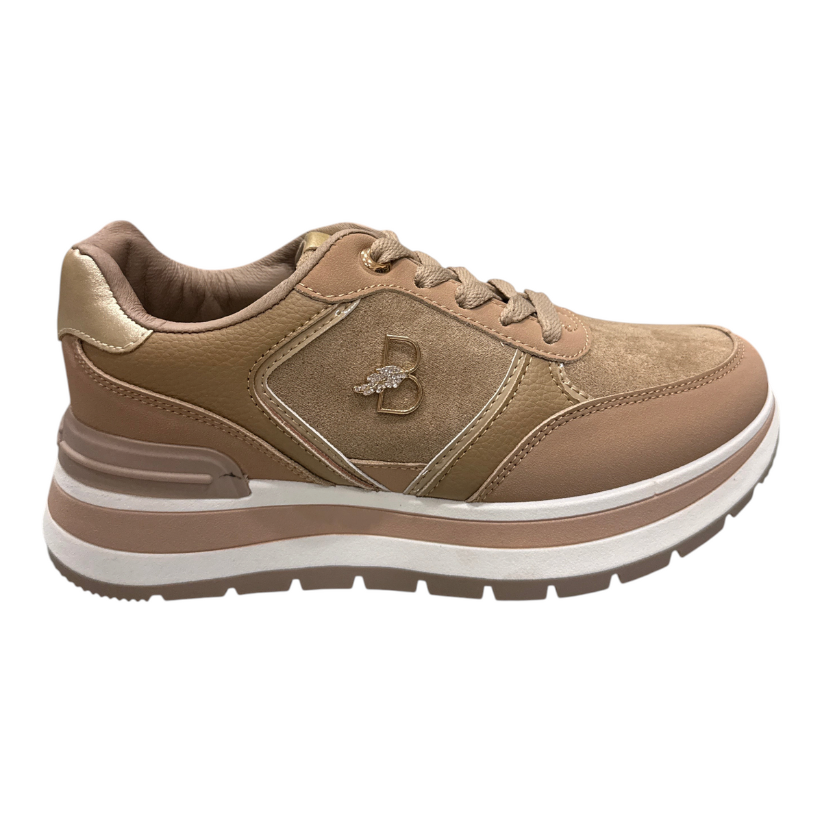 Sneakers da donna NEED color beige con dettagli dorati, logo B laterale e suola platform rialzata