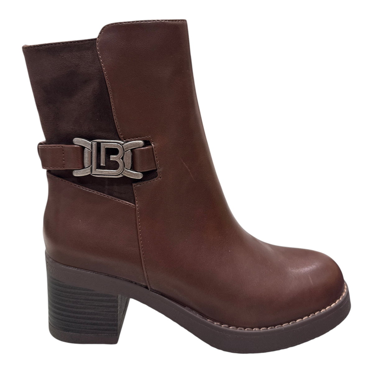Stivaletto donna Laura Biagiotti marrone con tacco largo e dettaglio fibbia metallica con logo LB