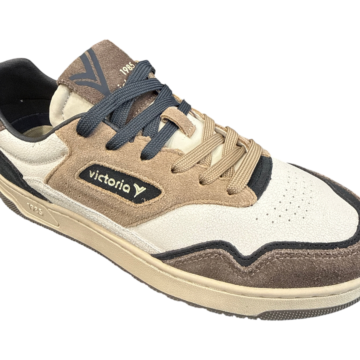 Sneakers da uomo NEED Victoria in camoscio e pelle color crema, marrone e blu marino con lacci bicolore
