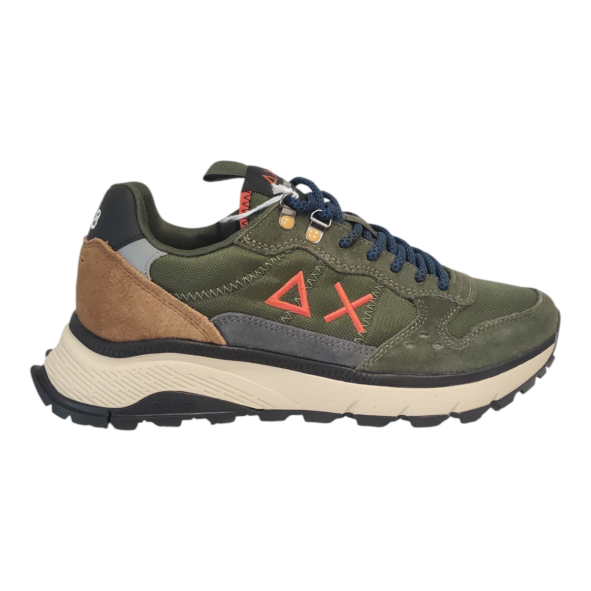 Sneakers da uomo NEED SUN68 in verde oliva con dettagli in camoscio marrone e logo arancione laterale