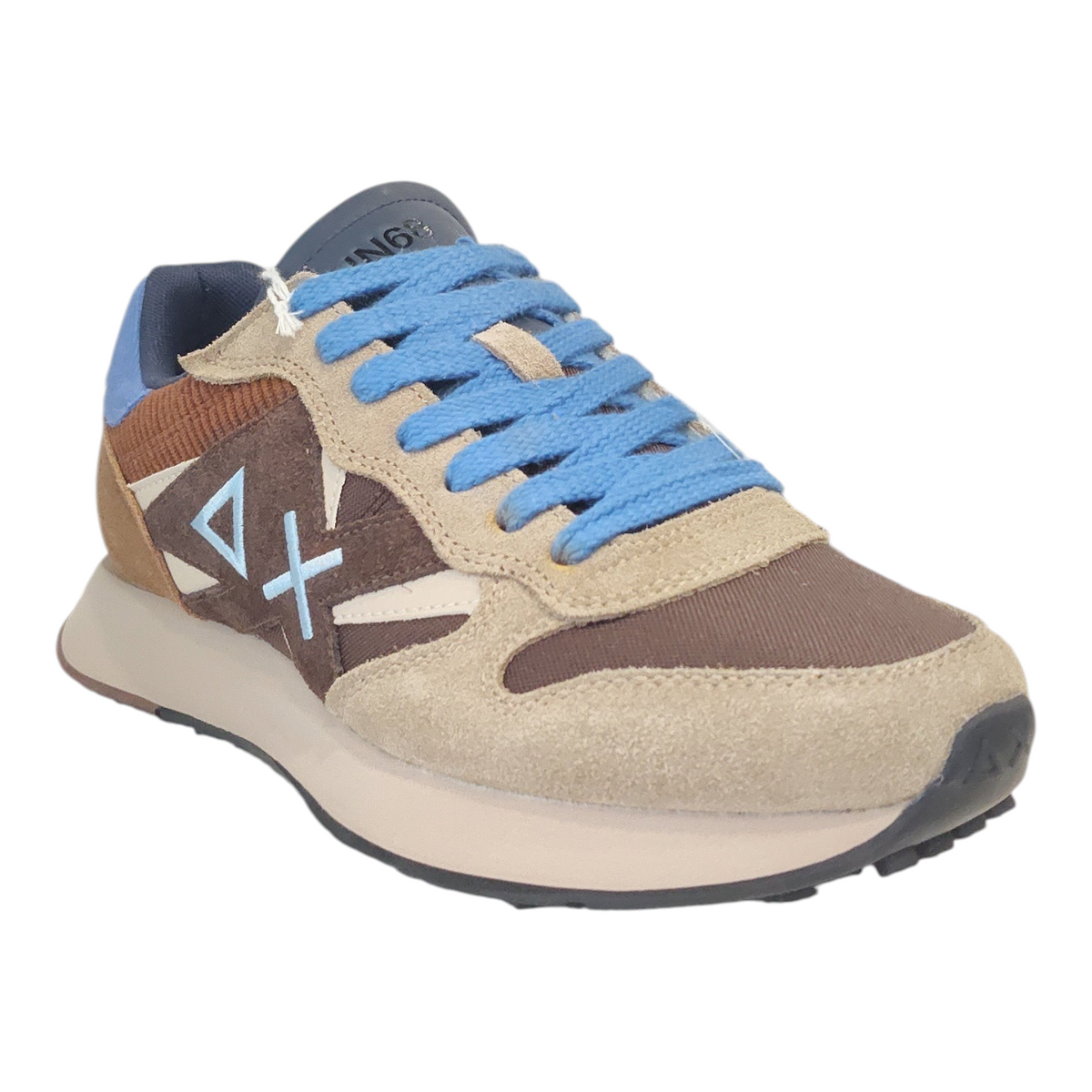 Sneakers uomo NEED SUN68 in camoscio e tessuto color blu navy, marrone e beige con lacci azzurri