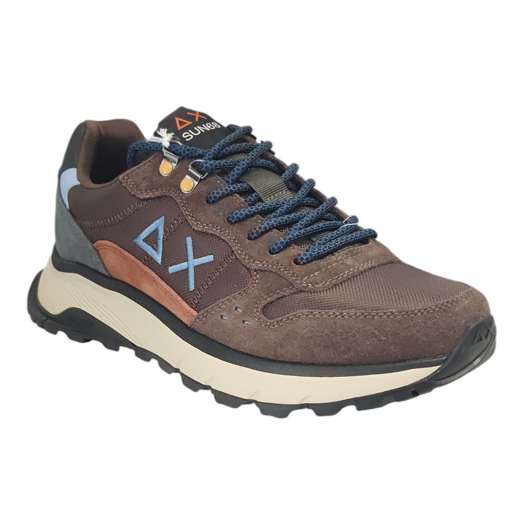 Sneakers uomo NEED SUN68 marroni in camoscio e tessuto con lacci blu e logo laterale a contrasto