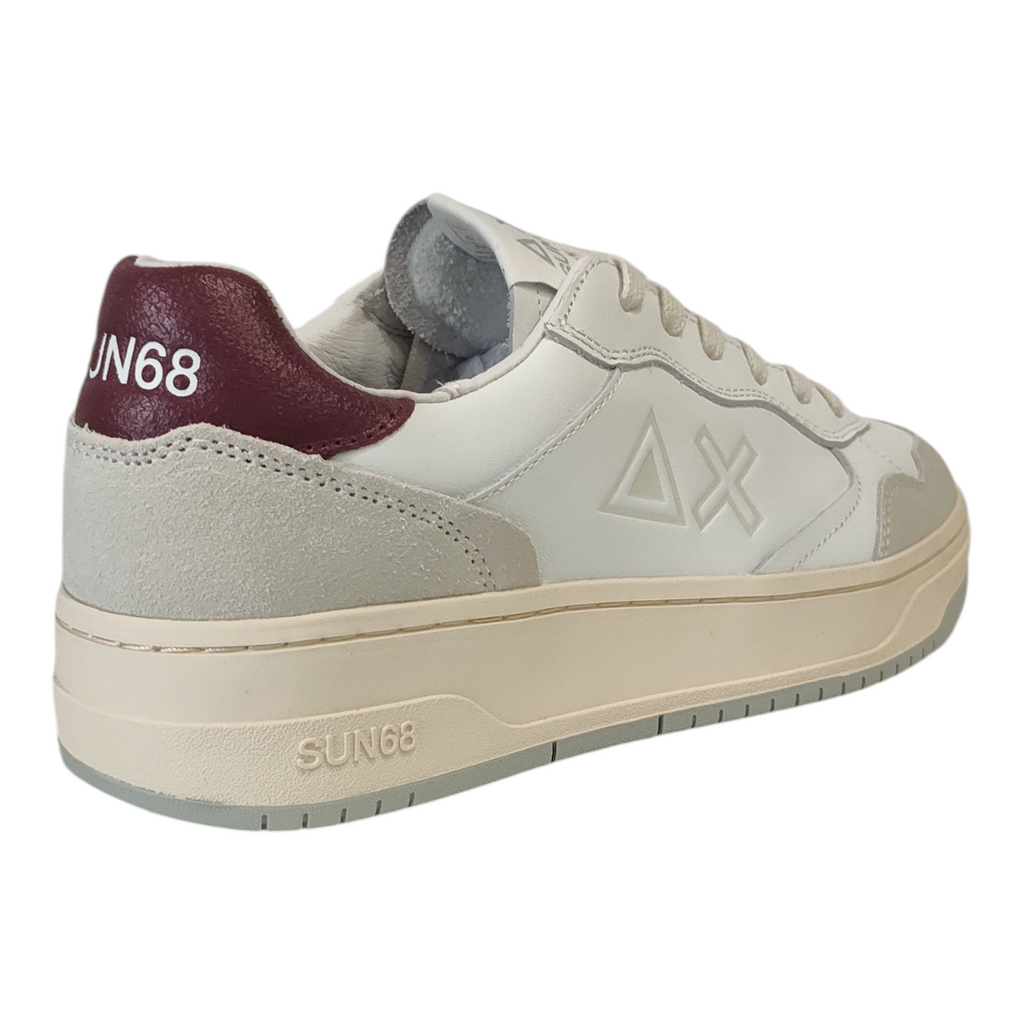 Sneakers uomo NEED SUN68 in pelle bianca e camoscio beige con dettaglio bordeaux sul tallone e logo laterale