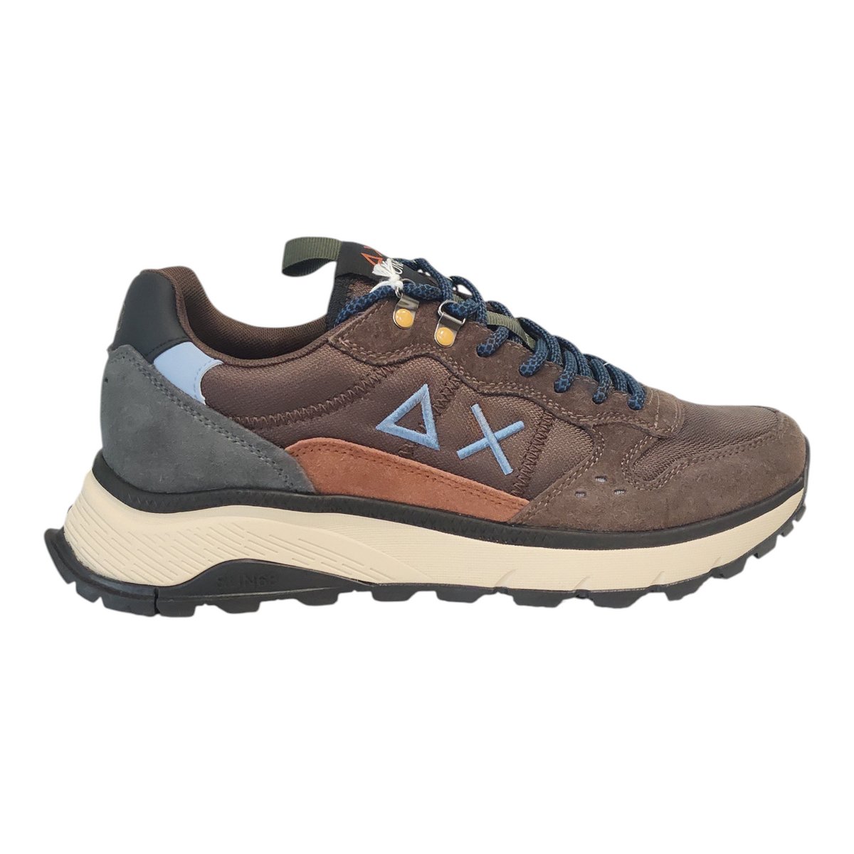 Sneakers da uomo SUN68 in camoscio e tessuto marrone con dettagli azzurri e suola spessa in gomma