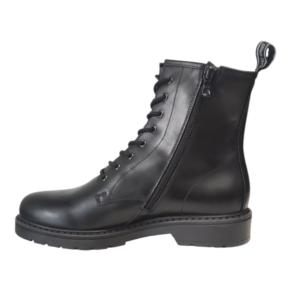 Stivaletto stringato da donna NEED in pelle nera con chiusura laterale a zip e suola carrarmato
