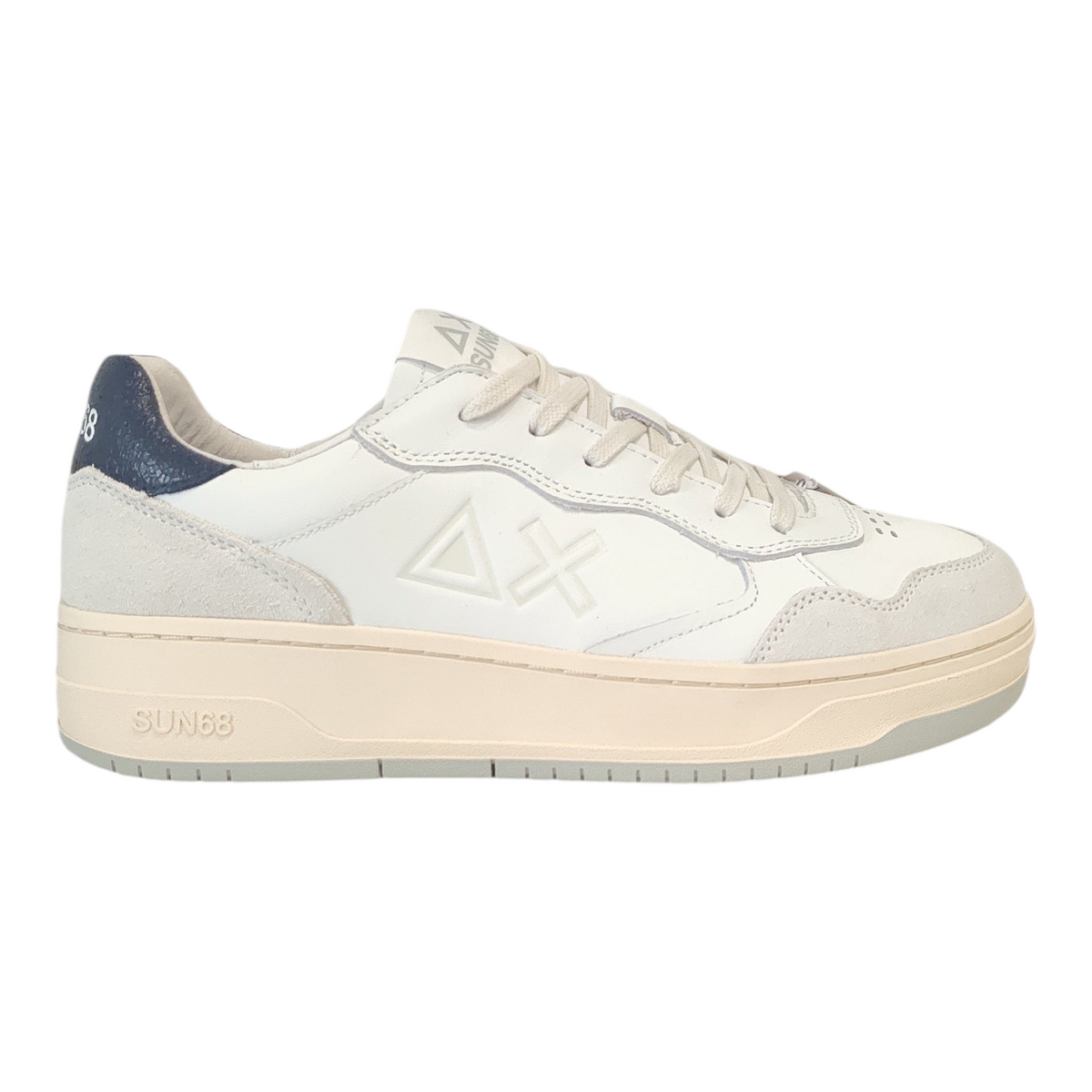 Sneakers da uomo NEED SUN68 in pelle bianca e camoscio con suola platform color crema e dettagli blu sul tallone