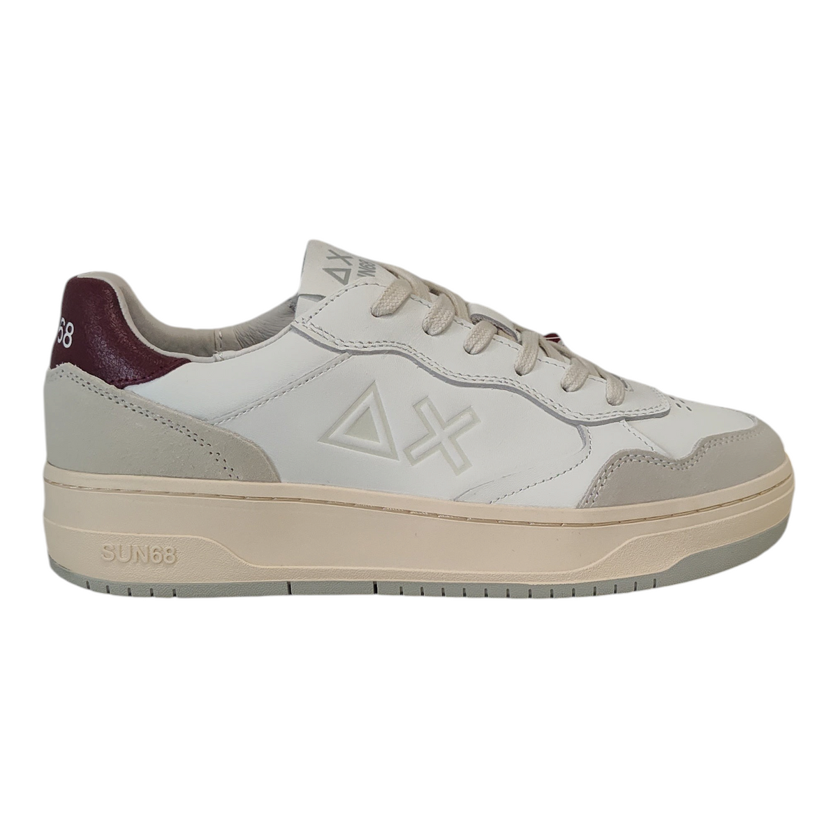 Sneakers da uomo NEED SUN68 in pelle bianca e beige con dettagli bordeaux e suola platform